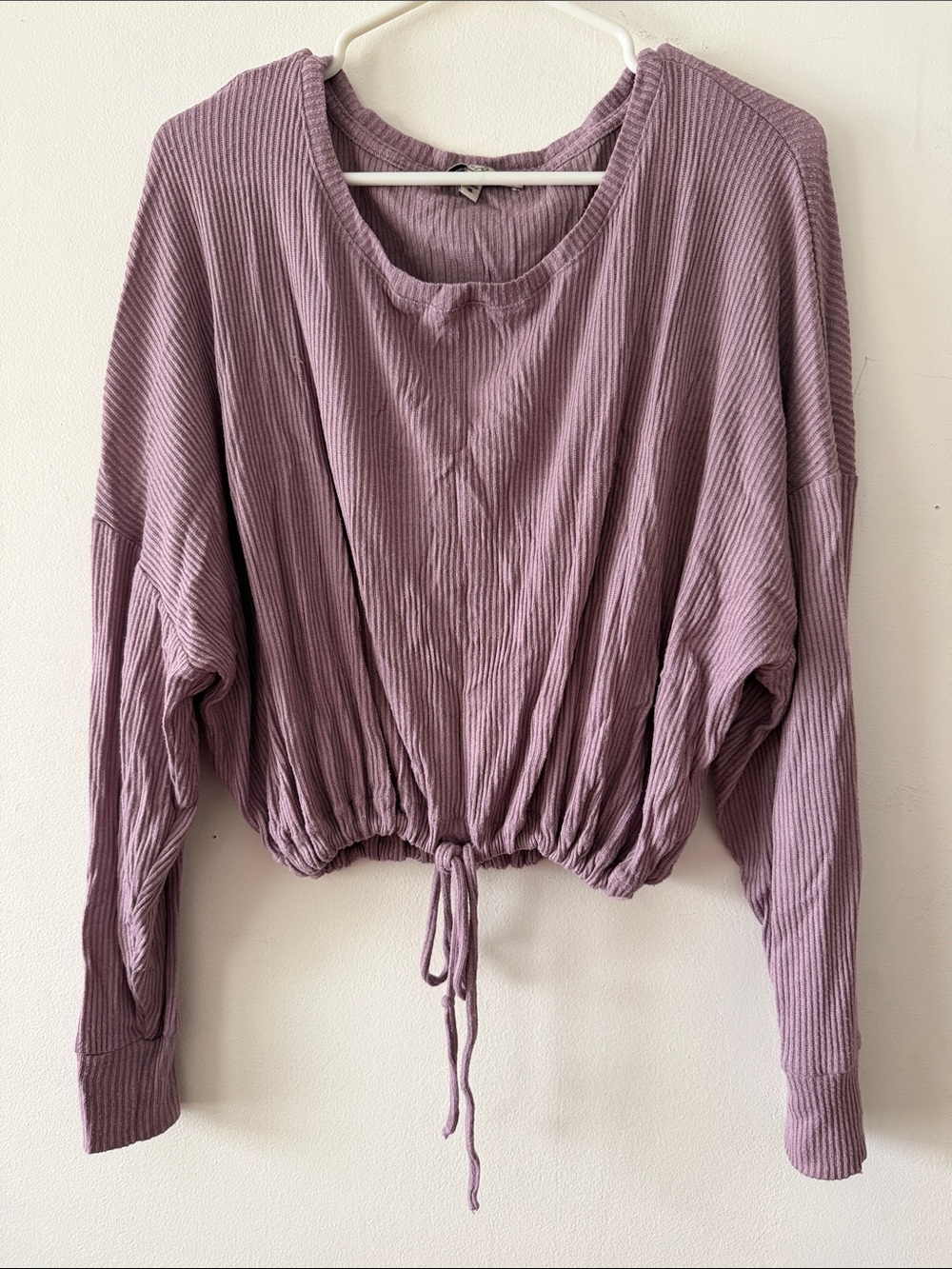 Express Mauve Pink Ribbed Drawstring Long Sleeve Top